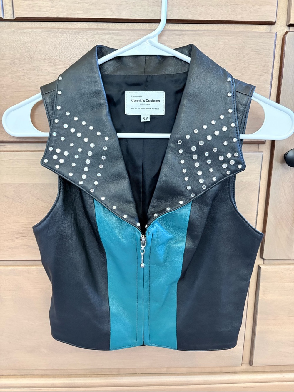 Women's Black and Teal Studded Leather Vest by